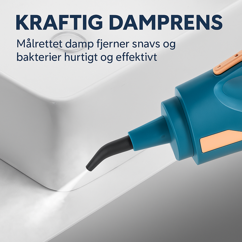 Blå ScandiSteam dampmoppe der sprøjter damp for effektiv rengøring og fjernelse af snavs og bakterier
